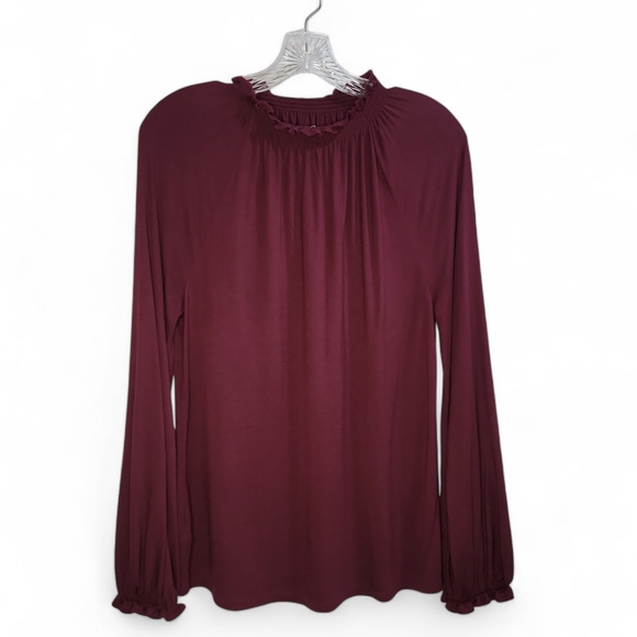 LOFT Long Sleeve‎ Ruffle Collar And Cuff Dark Red Blouse Women's Small - Picture 1 of 6